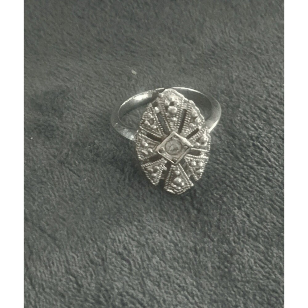 Vintage 1980 Avon Chesterfield Ring Art Deco Faux Marcasite Silver Tone Sz 5.25